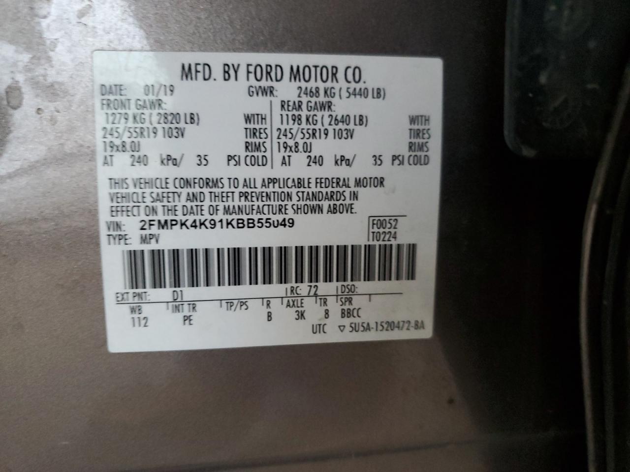 2019 Ford Edge Titanium VIN: 2FMPK4K91KBB55049 Lot: 80757425