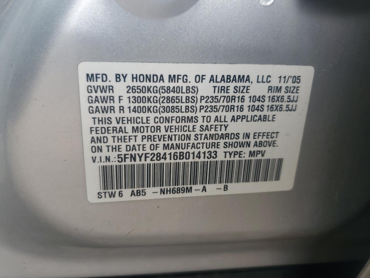 2006 Honda Pilot Ex VIN: 5FNYF28416B014133 Lot: 83996875