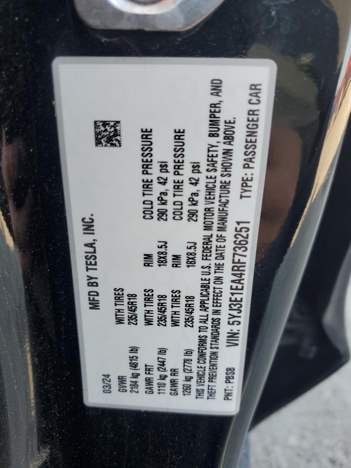 2024 Tesla Model 3 VIN: 5YJ3E1EA4RF736251 Lot: 80406695