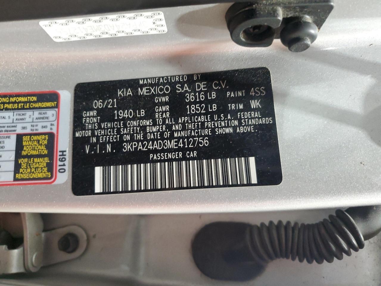 2021 Kia Rio Lx VIN: 3KPA24AD3ME412756 Lot: 71530945
