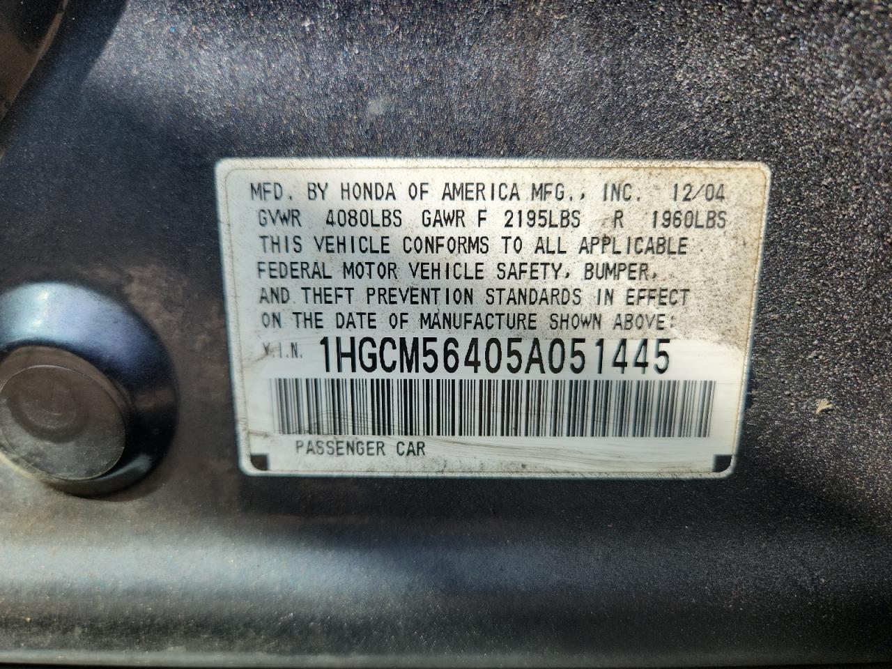 2005 Honda Accord Lx VIN: 1HGCM56405A051445 Lot: 71360405