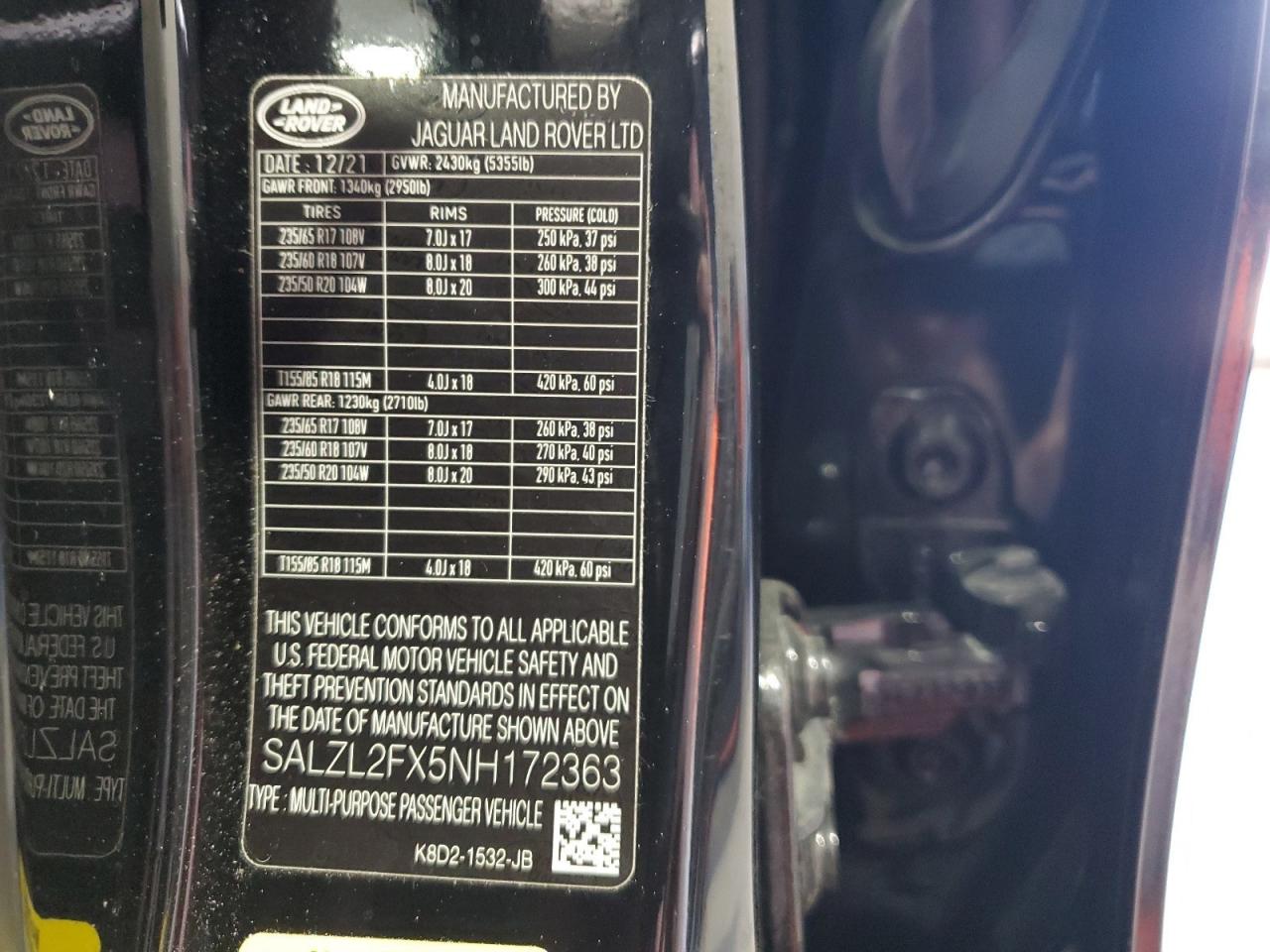 2022 Land Rover Range Rover Evoque R-Dynamic Se VIN: SALZL2FX5NH172363 Lot: 80510975