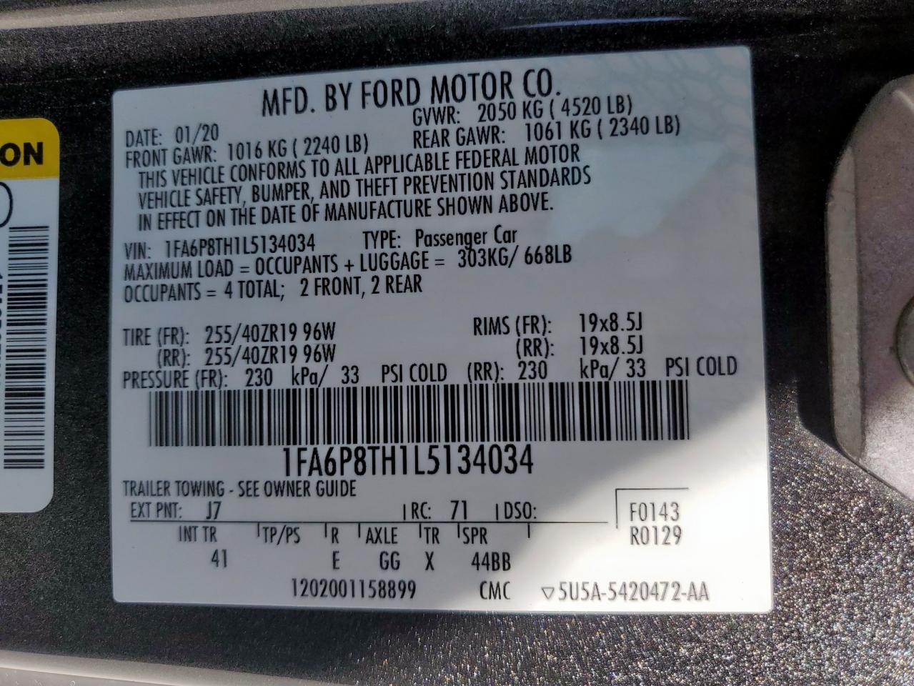 2020 Ford Mustang VIN: 1FA6P8TH1L5134034 Lot: 84288465