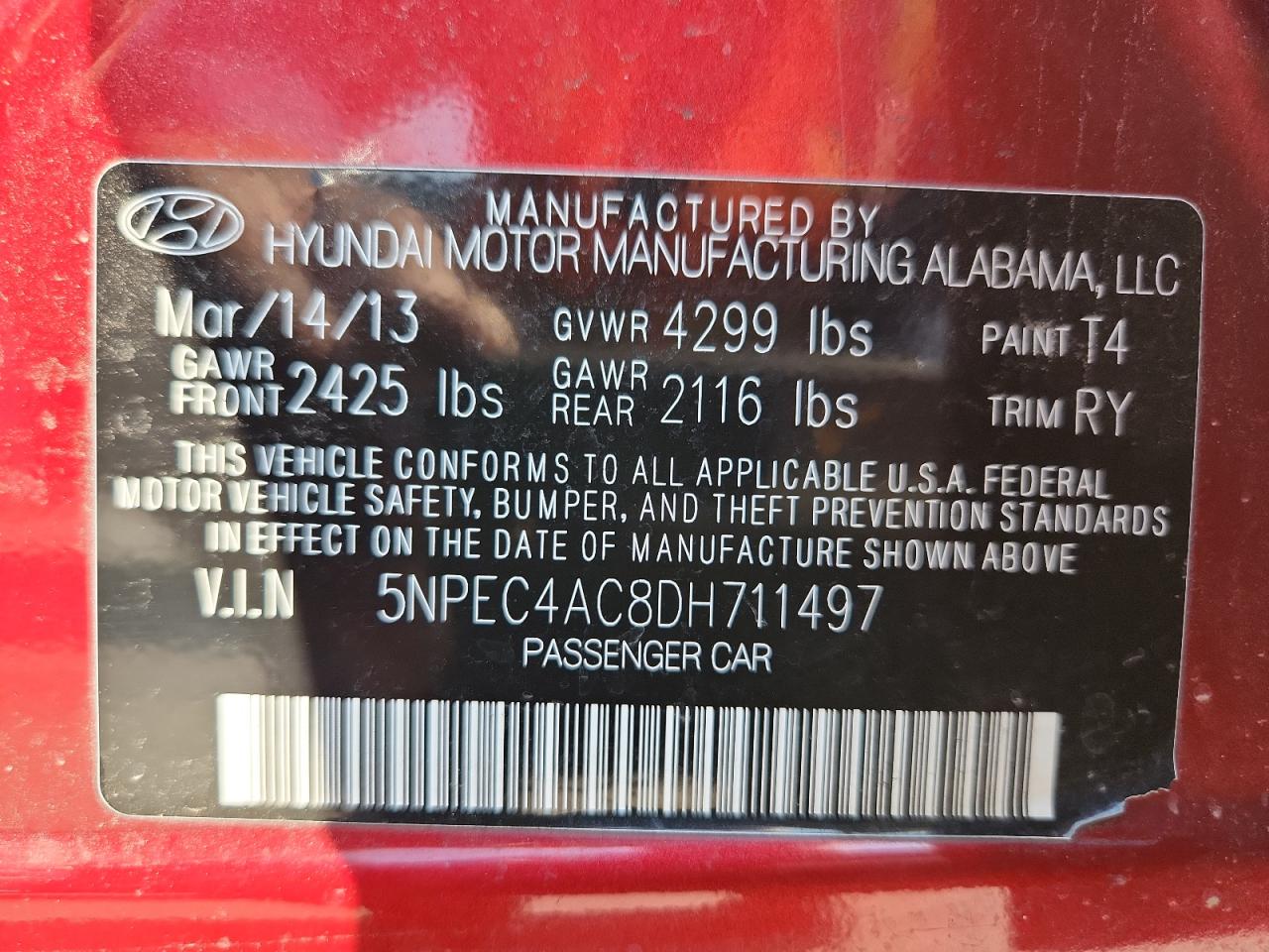 2013 Hyundai Sonata Se VIN: 5NPEC4AC8DH711497 Lot: 70132195