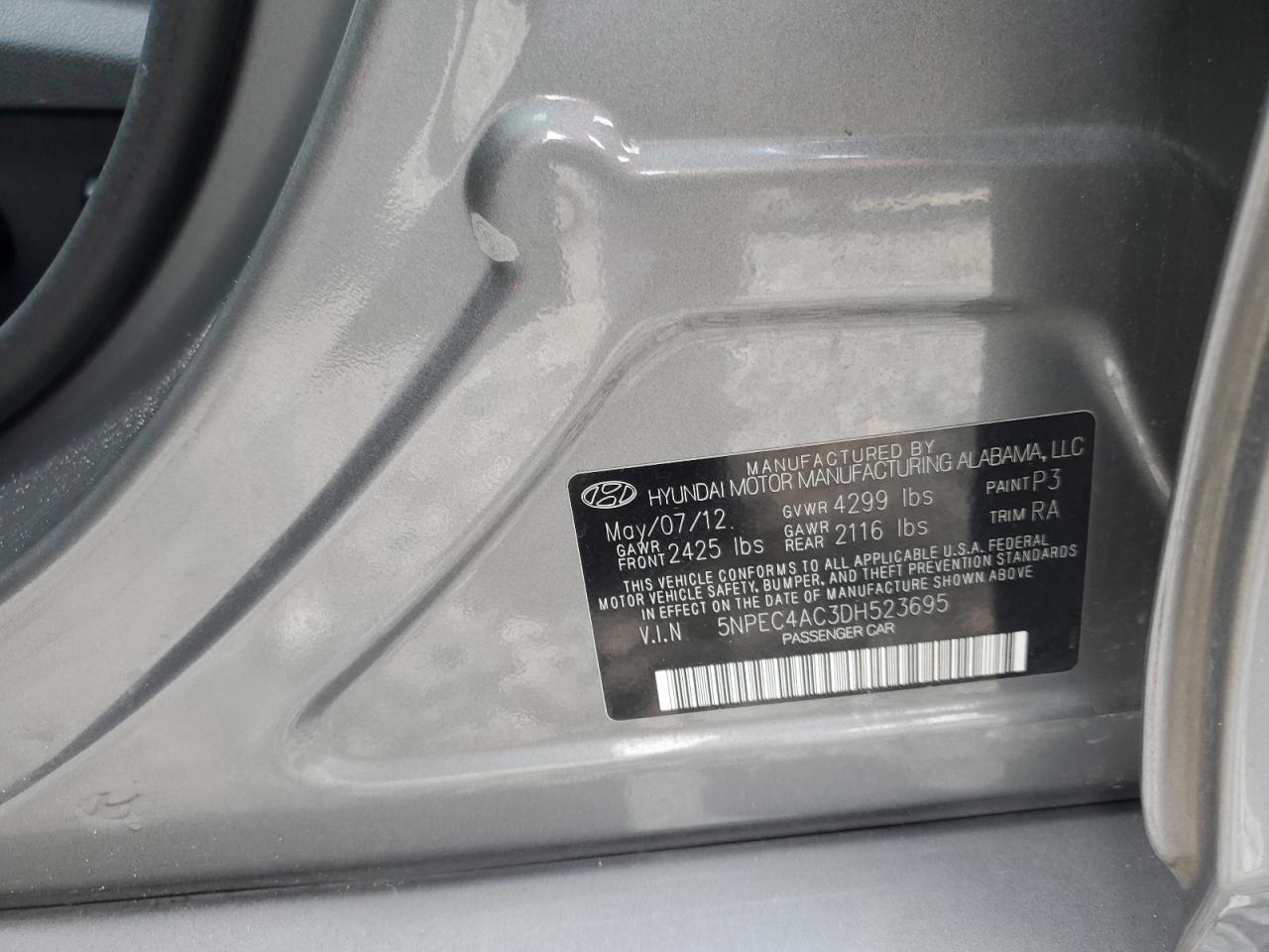 2013 Hyundai Sonata Se VIN: 5NPEC4AC3DH523695 Lot: 71793335