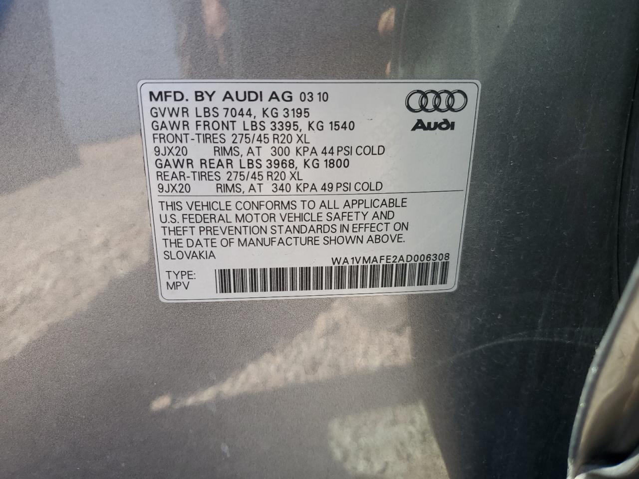 2010 Audi Q7 Prestige VIN: WA1VMAFE2AD006308 Lot: 80707055