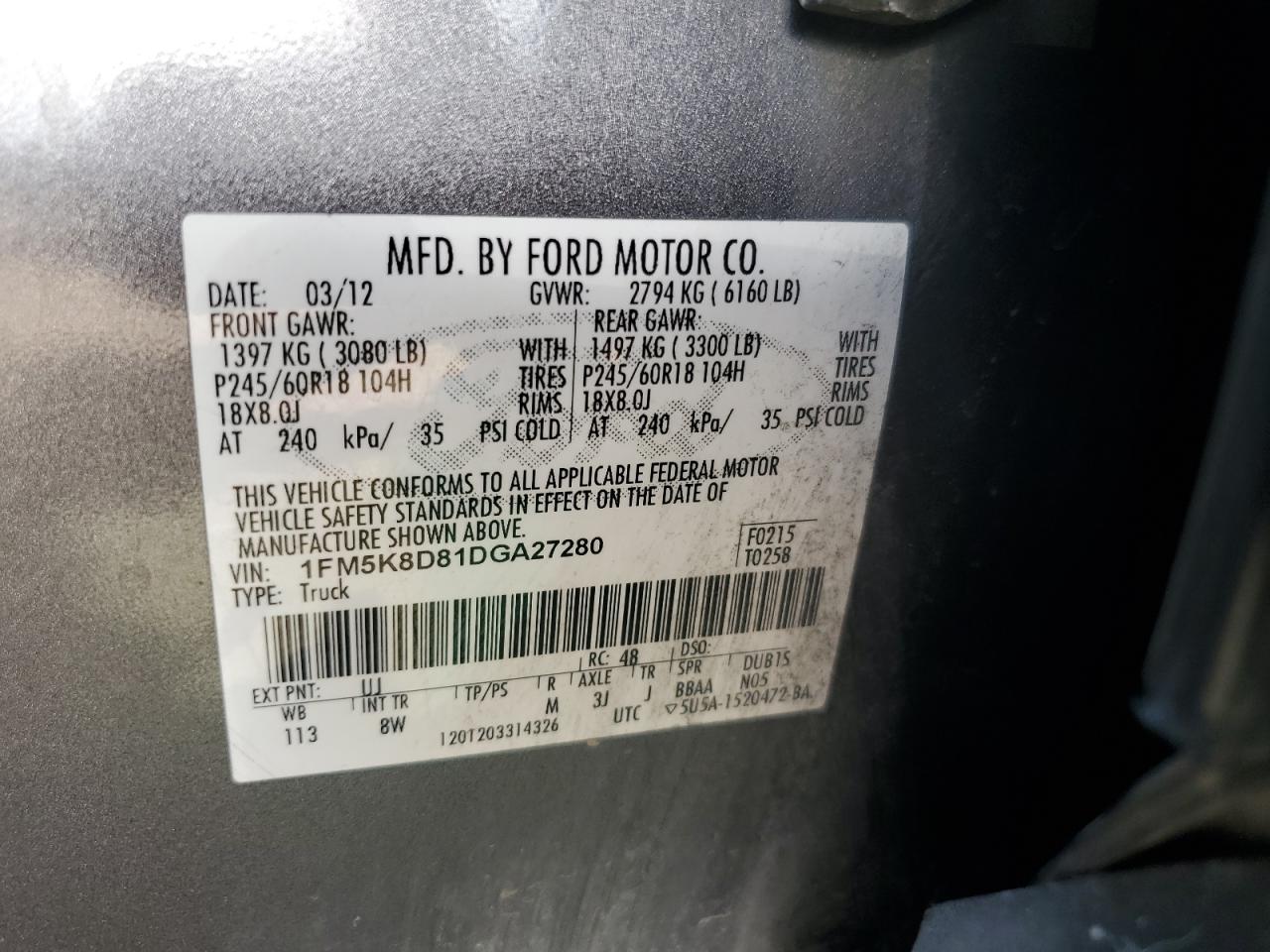 2013 Ford Explorer Xlt VIN: 1FM5K8D81DGA27280 Lot: 80904905