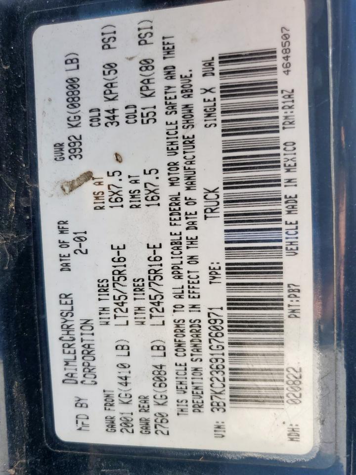 2001 Dodge Ram 2500 VIN: 3B7KC23691G760971 Lot: 80818745