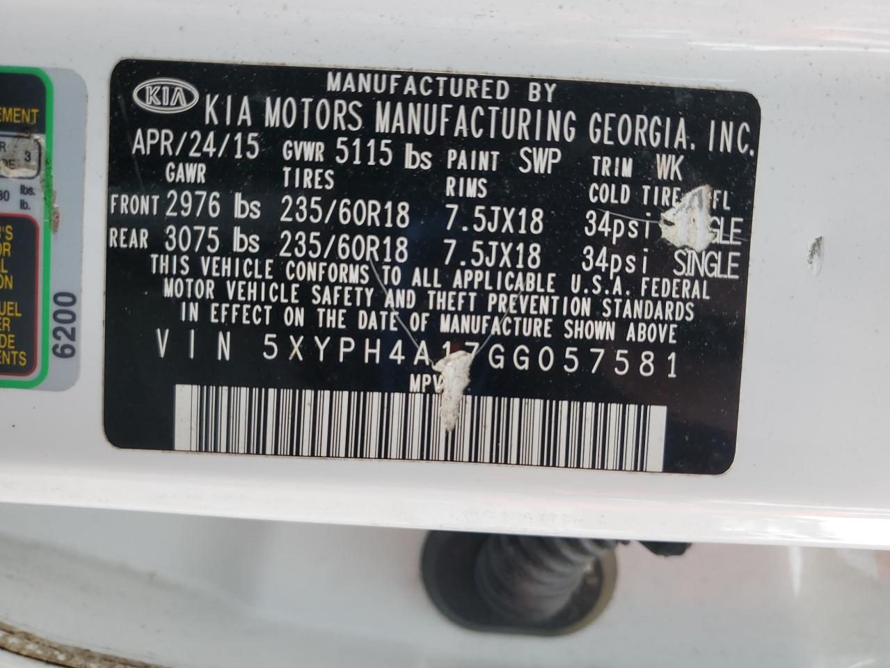 2016 Kia Sorento Ex VIN: 5XYPH4A17GG057581 Lot: 81931285