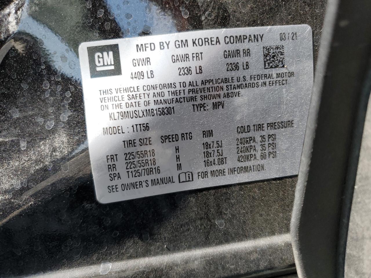 2021 Chevrolet Trailblazer Rs VIN: KL79MUSLXMB158301 Lot: 80318725