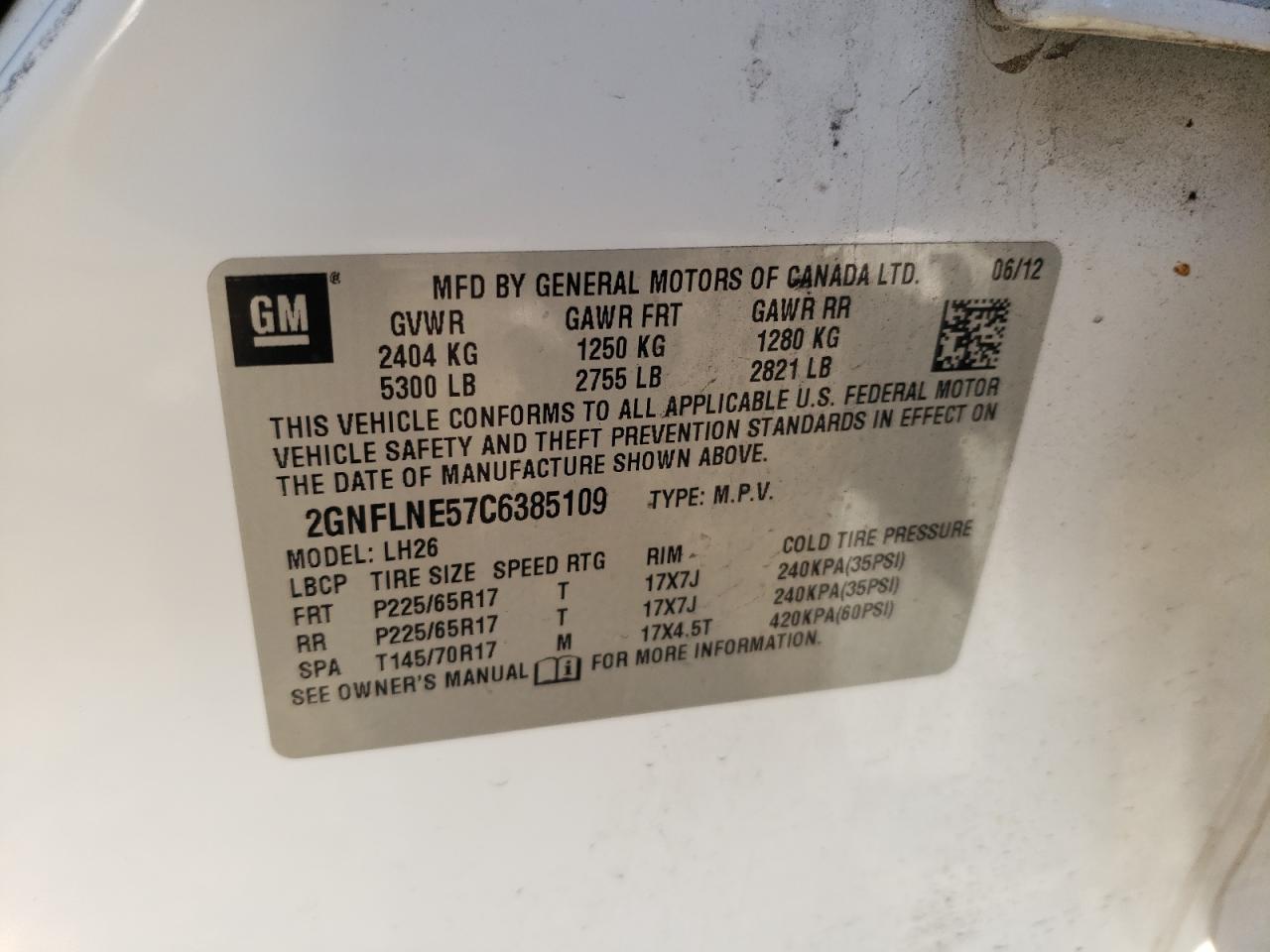 2012 Chevrolet Equinox Lt VIN: 2GNFLNE57C6385109 Lot: 82121705