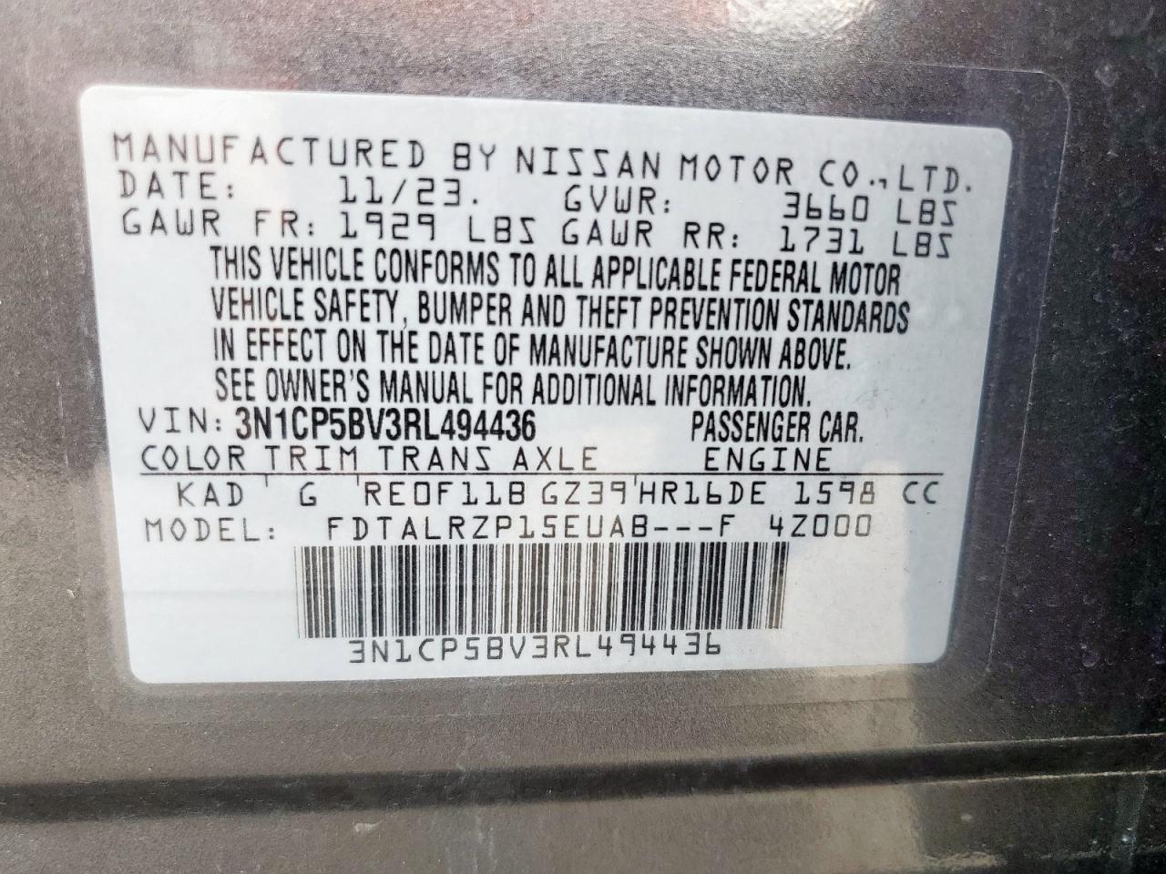 2024 Nissan Kicks S VIN: 3N1CP5BV3RL494436 Lot: 83802605