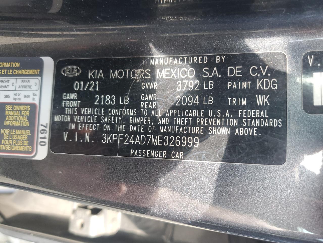 2021 Kia Forte Fe VIN: 3KPF24AD7ME326999 Lot: 83939335