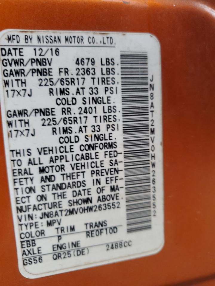 2017 Nissan Rogue S VIN: JN8AT2MV0HW263552 Lot: 81796085