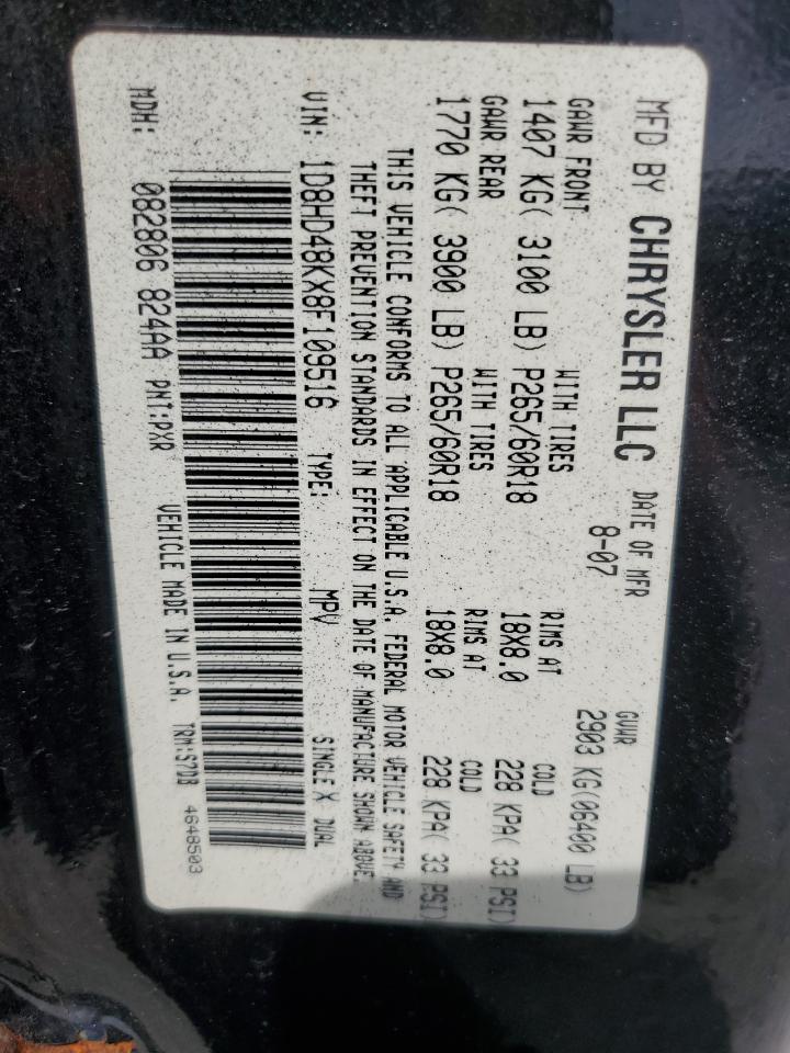 2008 Dodge Durango Slt VIN: 1D8HD48KX8F109516 Lot: 71398545