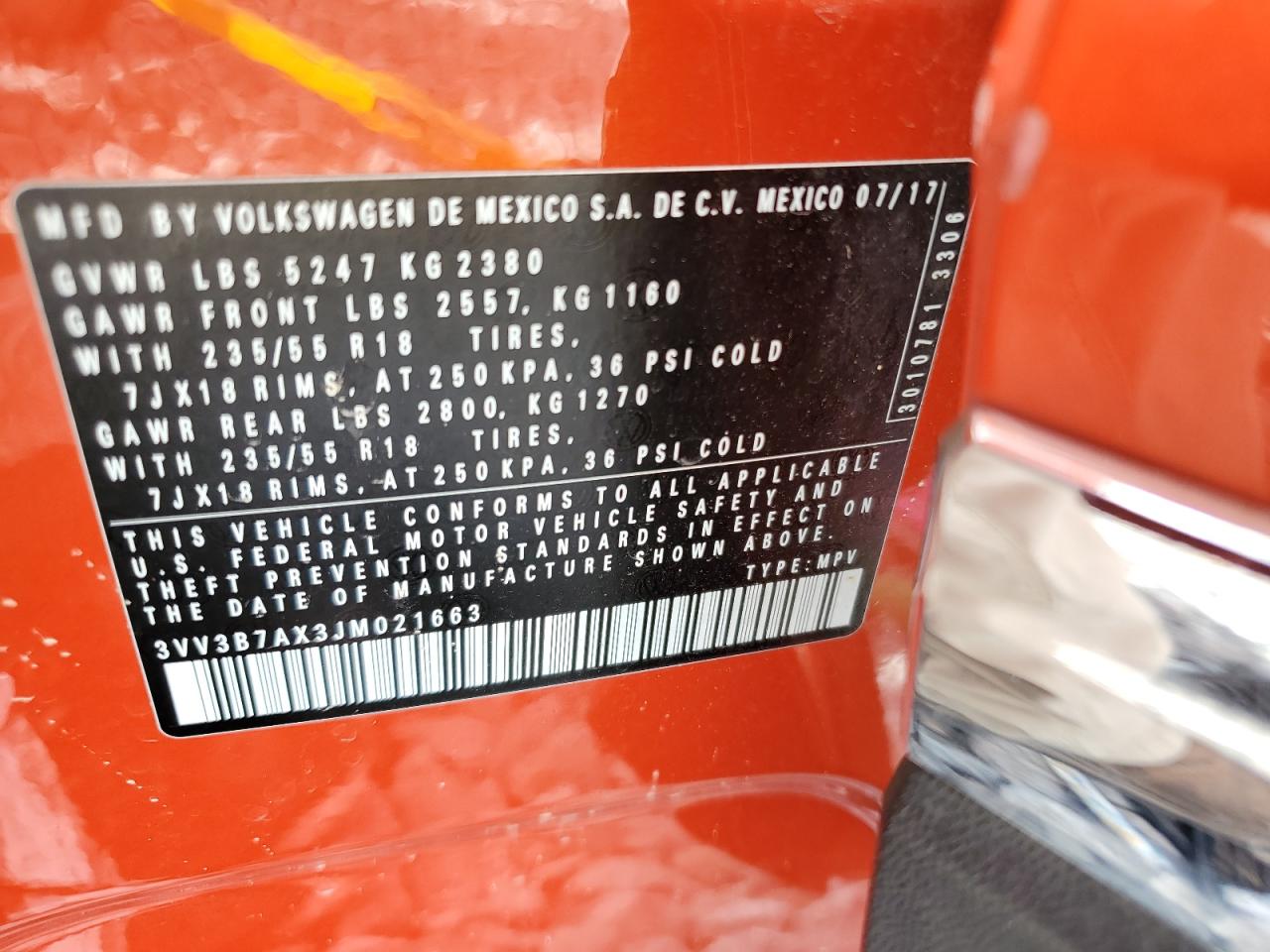 2018 Volkswagen Tiguan Se VIN: 3VV3B7AX3JM021663 Lot: 71714335