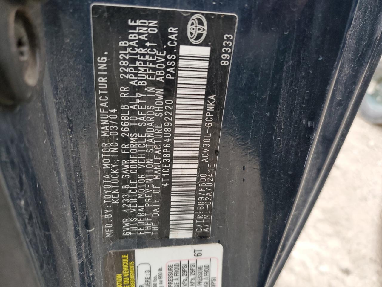 2004 Toyota Camry Solara Se VIN: 4T1CE38P64U892220 Lot: 81673195