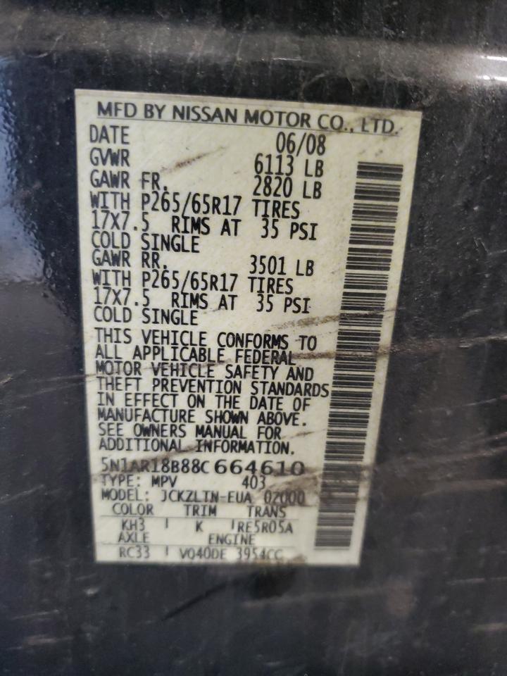 2008 Nissan Pathfinder S VIN: 5N1AR18B88C664610 Lot: 83840735