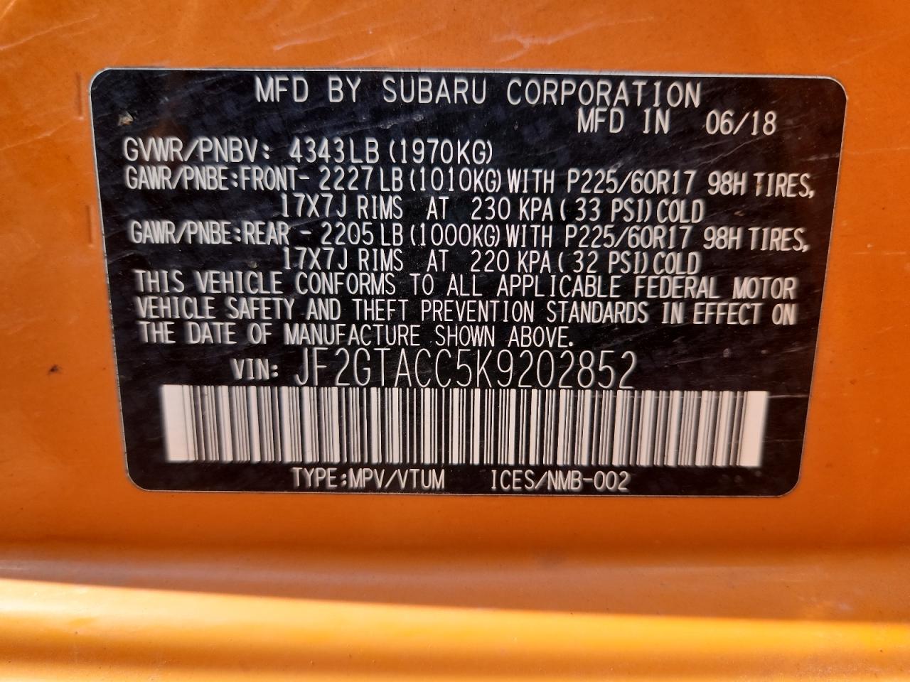 2019 Subaru Crosstrek Premium VIN: JF2GTACC5K9202852 Lot: 71606765