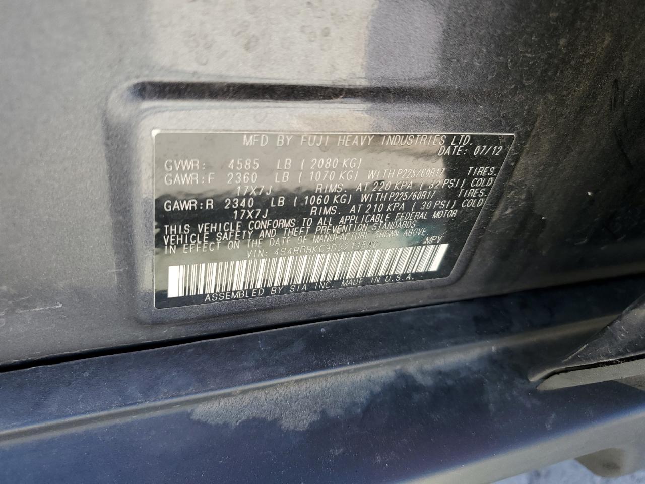 2013 Subaru Outback 2.5I Limited VIN: 4S4BRBKC9D3211506 Lot: 81160065