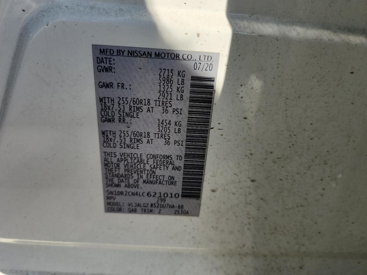 2020 Nissan Pathfinder Sl VIN: 5N1DR2CN4LC621010 Lot: 84017455