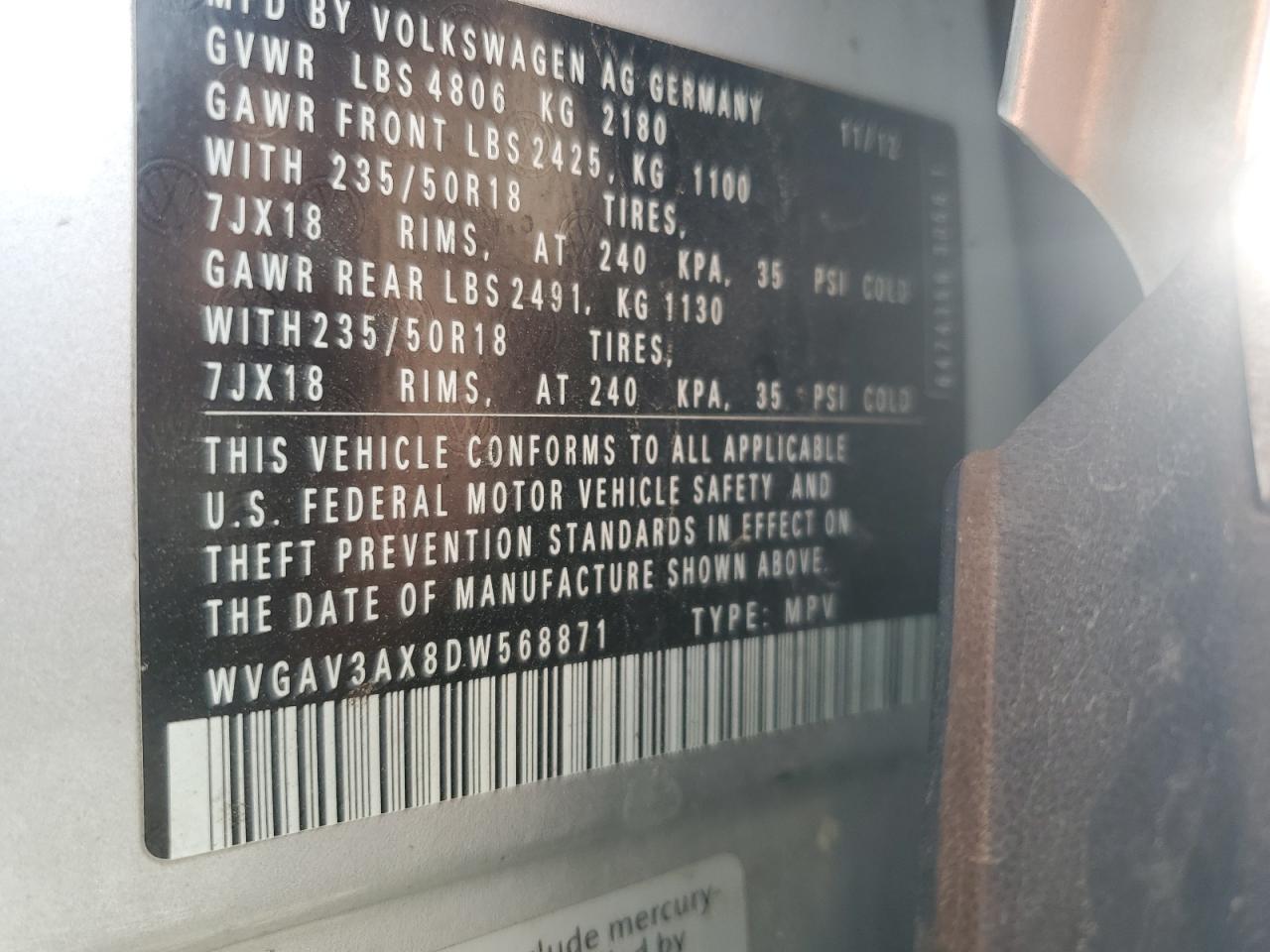 2013 Volkswagen Tiguan S VIN: WVGAV3AX8DW568871 Lot: 81763225