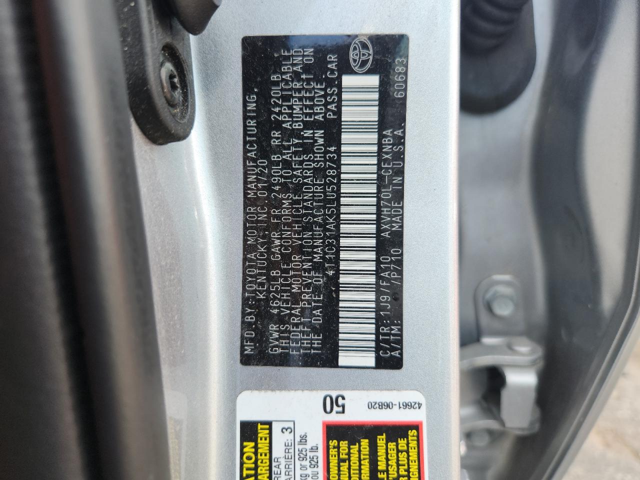 2020 Toyota Camry Le VIN: 4T1C31AK5LU528734 Lot: 81563275