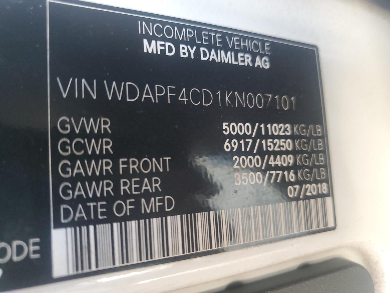 2019 Mercedes-Benz Sprinter 3500/4500 VIN: WDAPF4CD1KN007101 Lot: 71057925