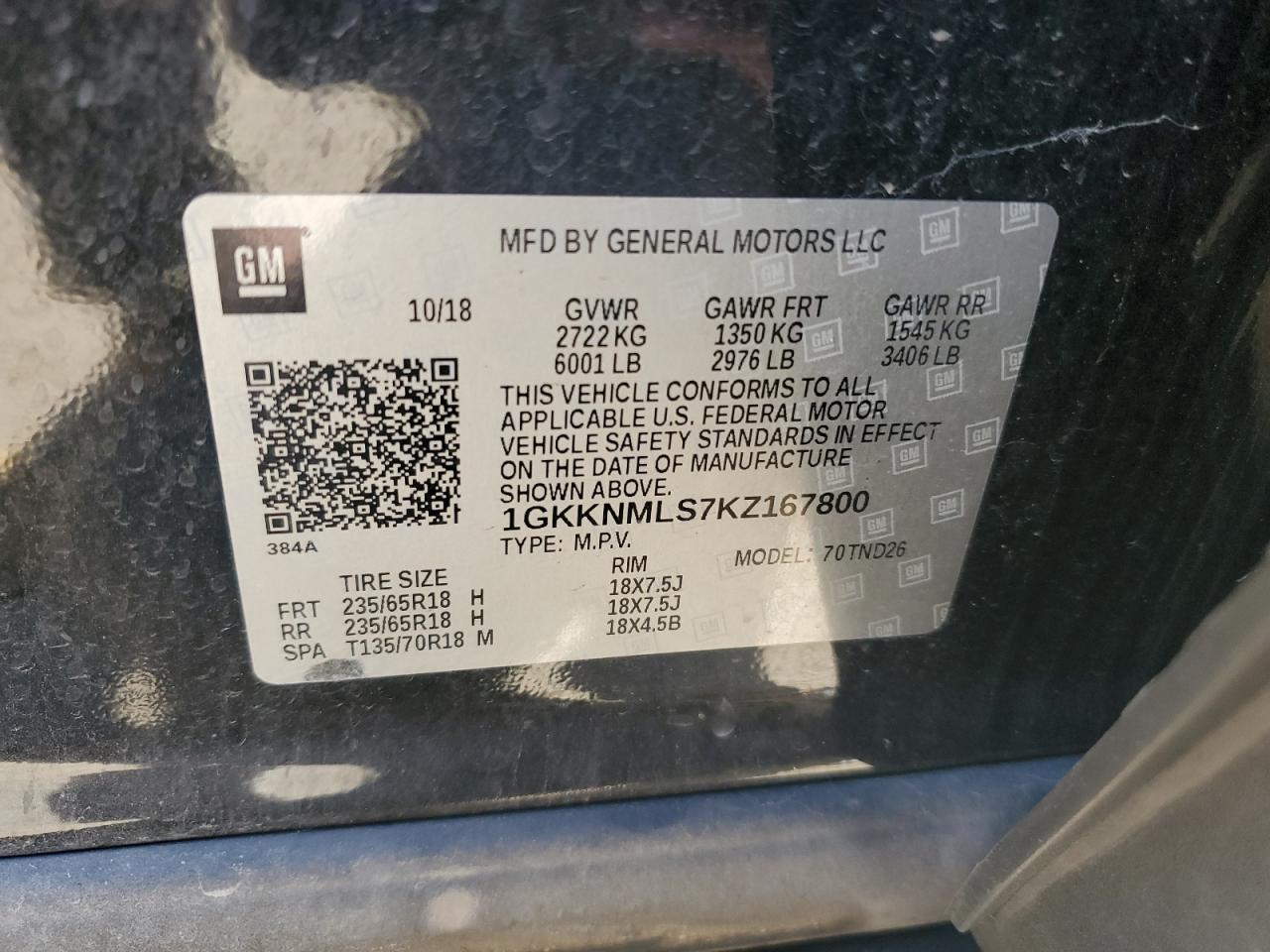 2019 GMC Acadia Slt-1 VIN: 1GKKNMLS7KZ167800 Lot: 84254255