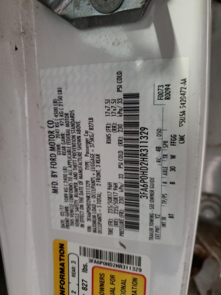 2017 Ford Fusion Se VIN: 3FA6P0HD2HR311329 Lot: 71366255