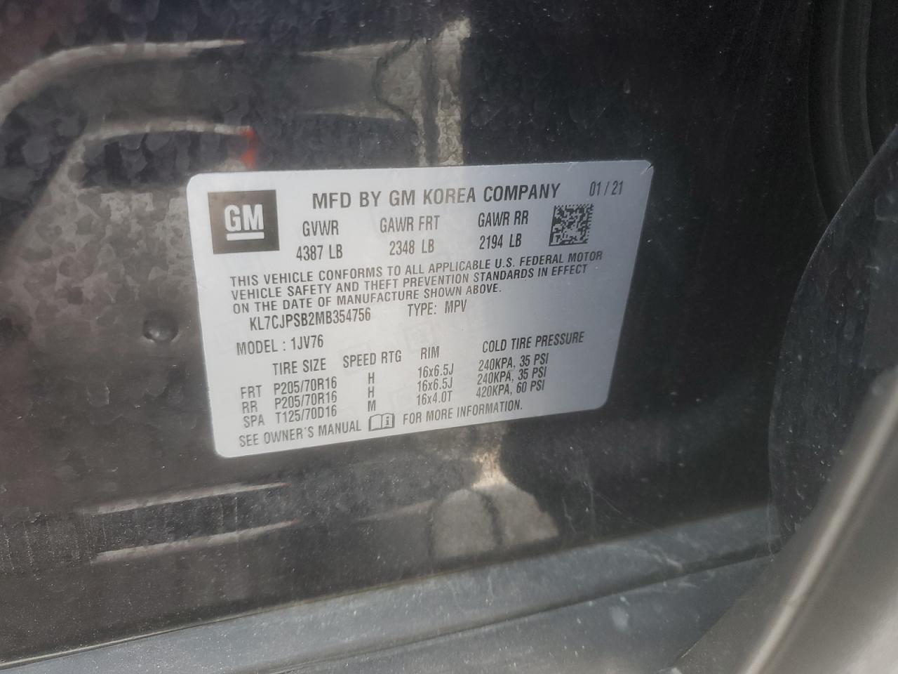 2021 Chevrolet Trax 1Lt VIN: KL7CJPSB2MB354756 Lot: 80985395