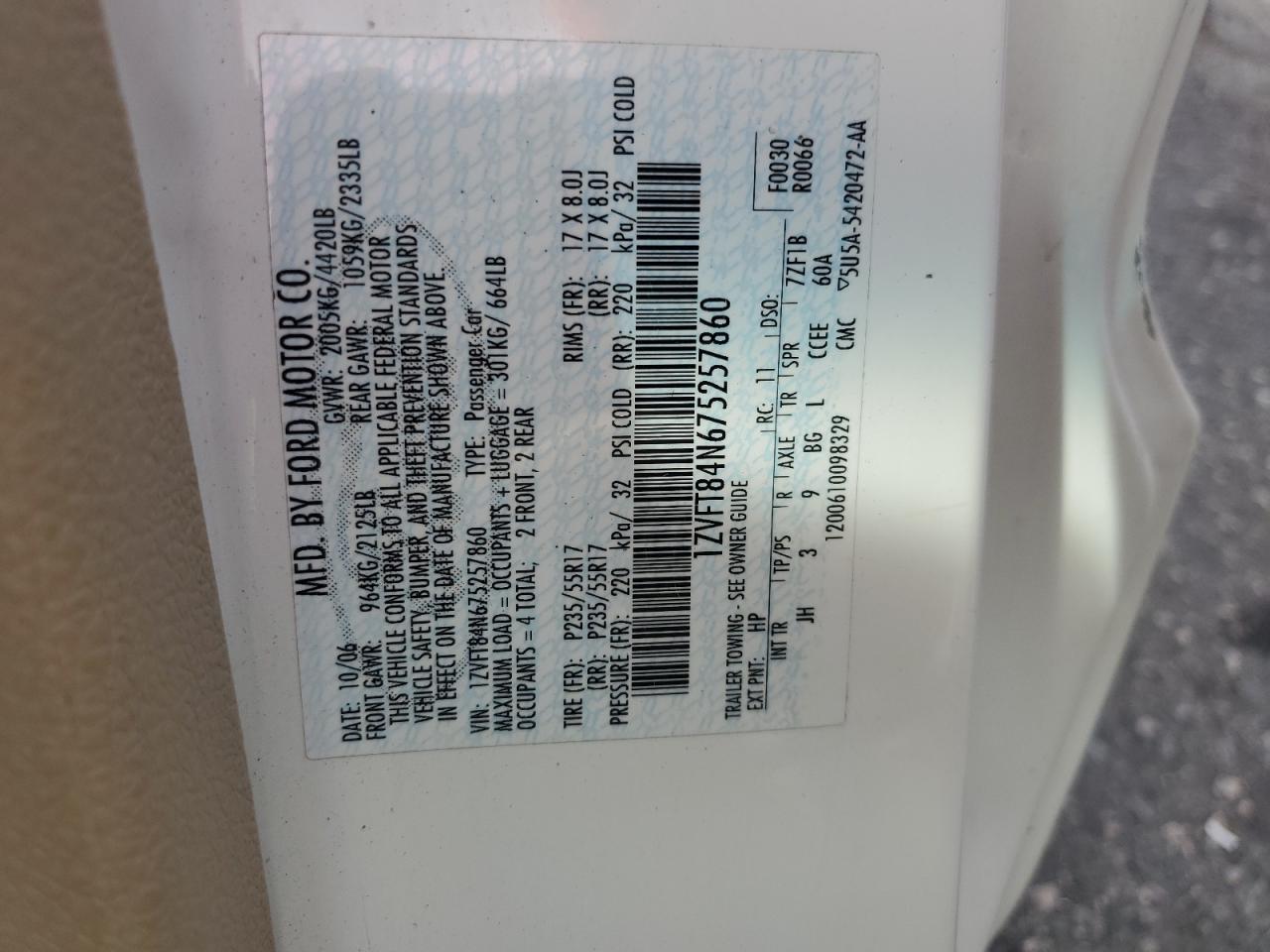 2007 Ford Mustang VIN: 1ZVFT84N675257860 Lot: 84212125