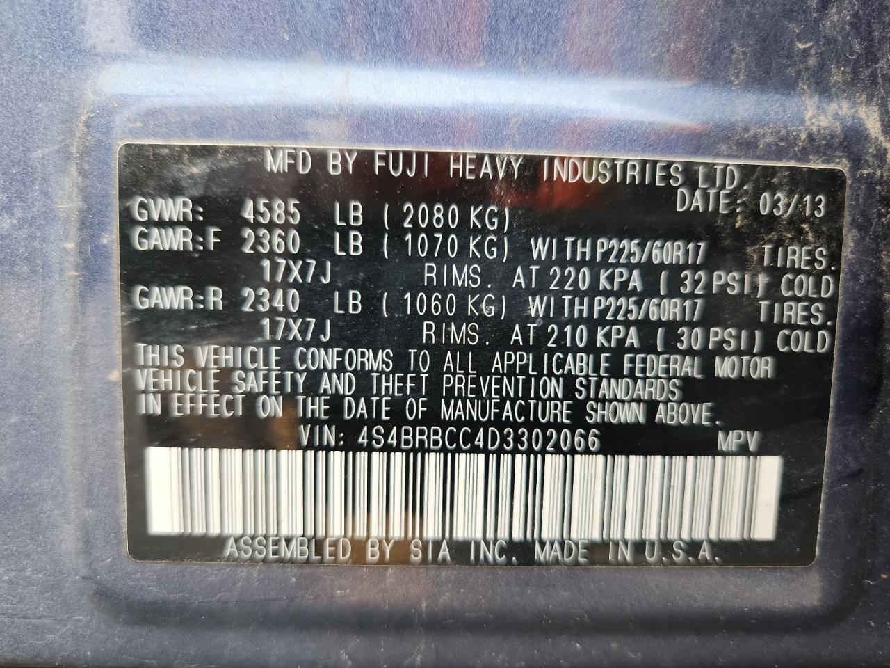 2013 Subaru Outback 2.5I Premium VIN: 4S4BRBCC4D3302066 Lot: 71907205