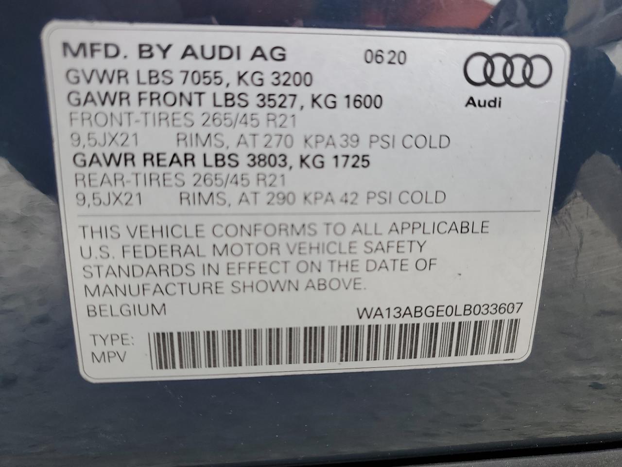 2020 Audi E-Tron Sportback Prestige VIN: WA13ABGE0LB033607 Lot: 81505775