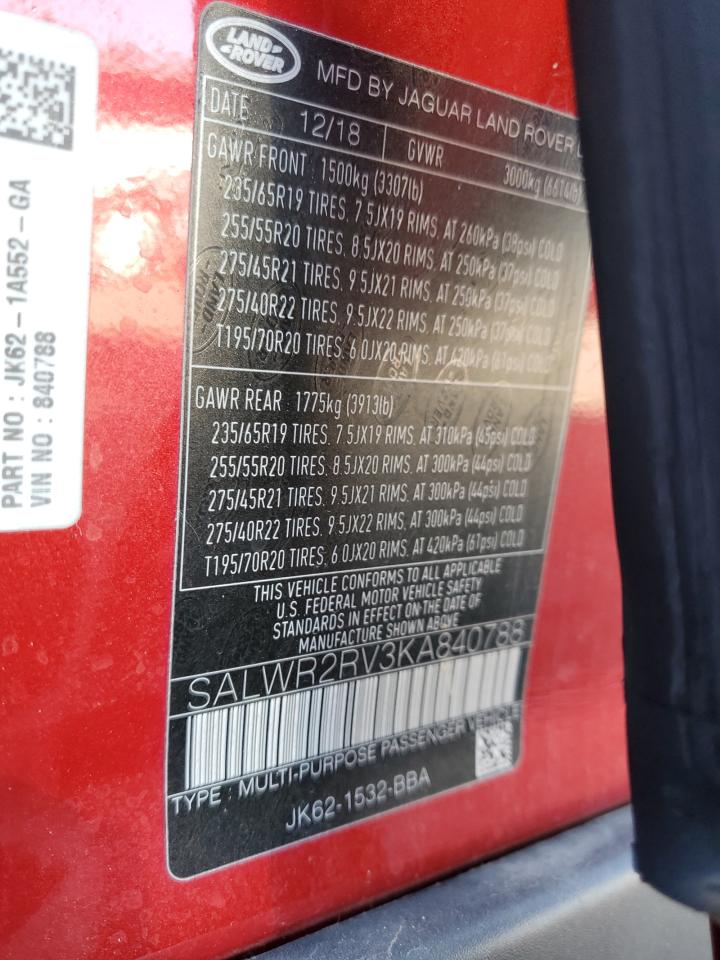 2019 Land Rover Range Rover Sport Hse VIN: SALWR2RV3KA840788 Lot: 71567555