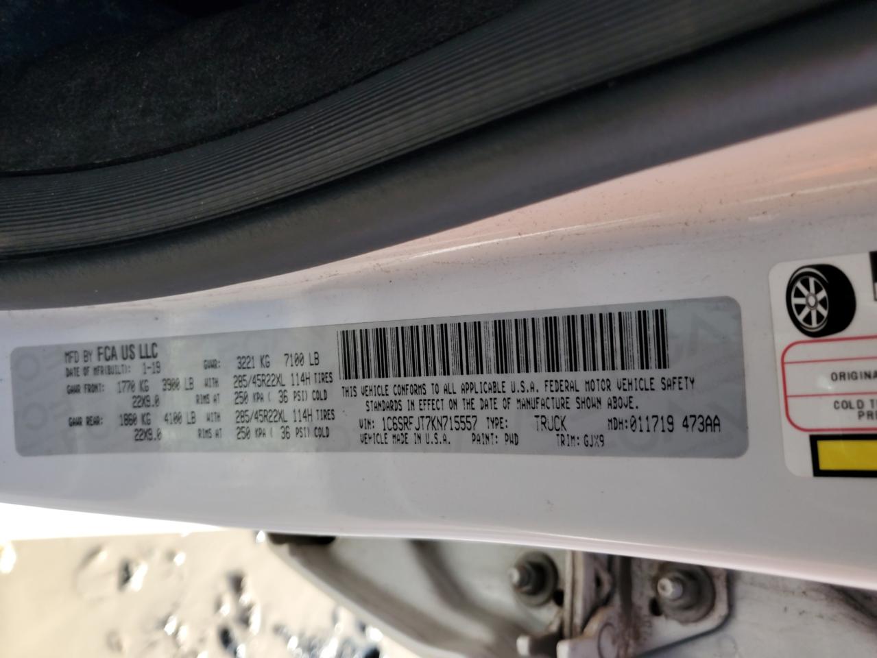 2019 Ram 1500 Laramie VIN: 1C6SRFJT7KN715557 Lot: 81608595