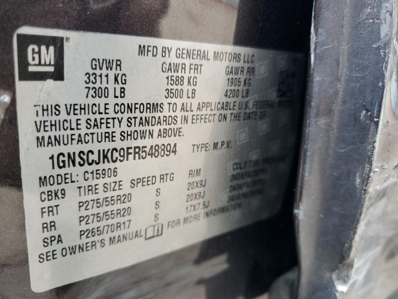 2015 Chevrolet Suburban C1500 Lt VIN: 1GNSCJKC9FR548894 Lot: 81880935