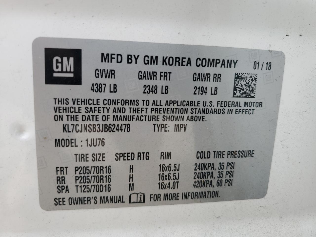 2018 Chevrolet Trax Ls VIN: KL7CJNSB3JB624478 Lot: 81385425