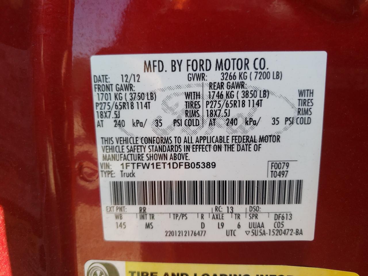 2013 Ford F150 Supercrew VIN: 1FTFW1ET1DFB05389 Lot: 81398895