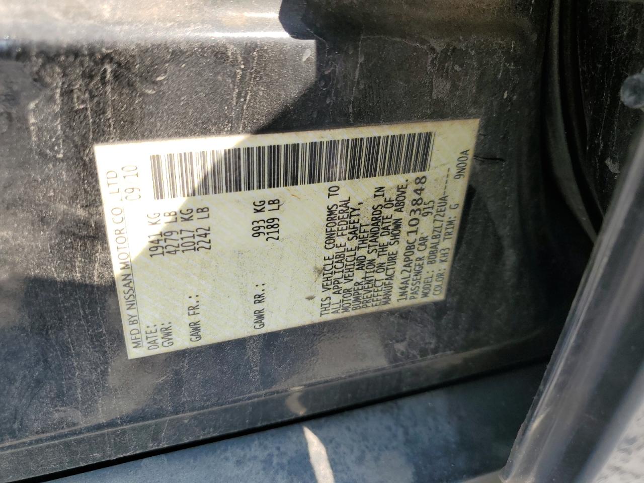 2011 Nissan Altima Base VIN: 1N4AL2AP0BC103848 Lot: 71654305