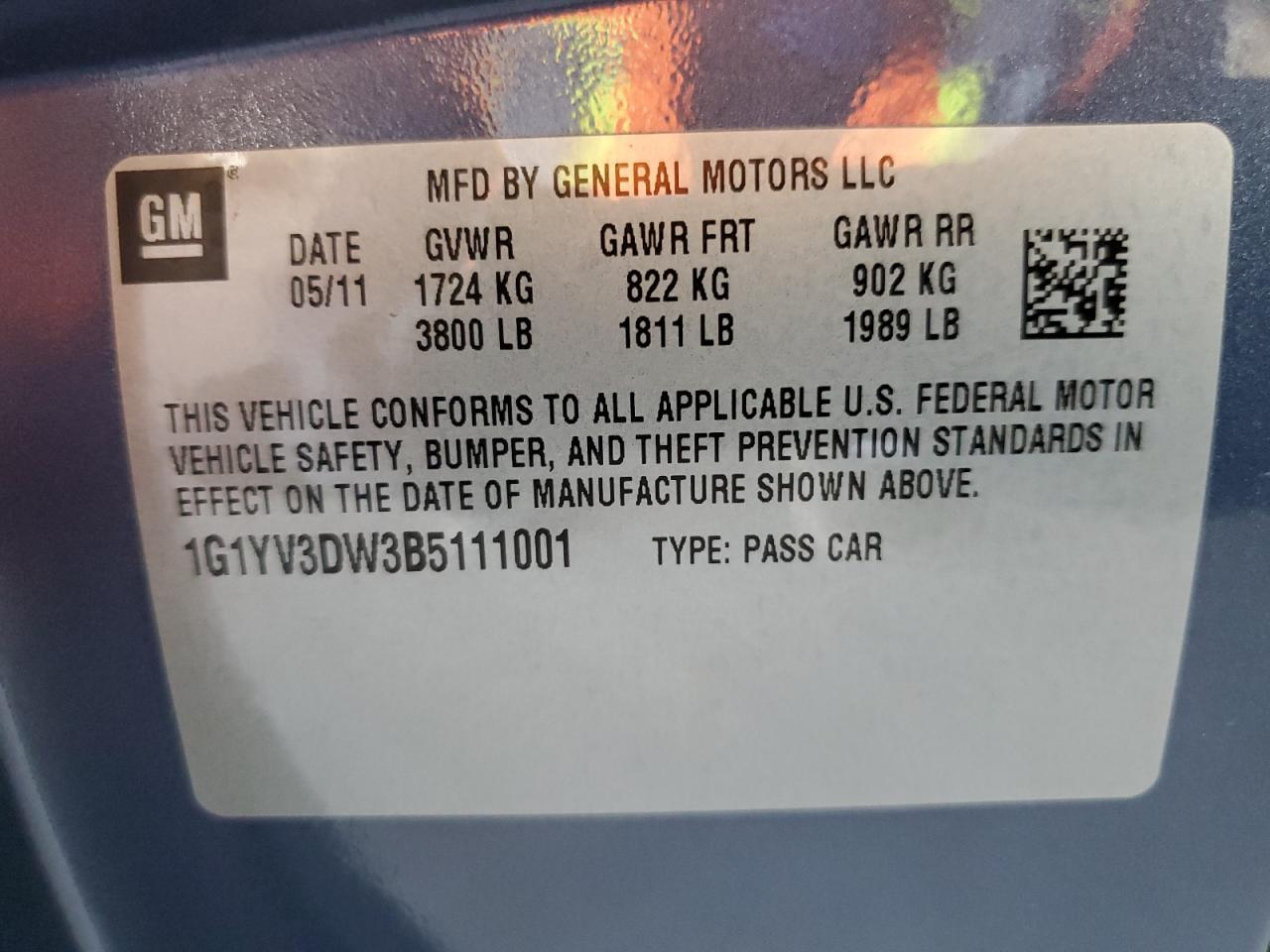 2011 Chevrolet Corvette Grand Sport VIN: 1G1YV3DW3B5111001 Lot: 71705605