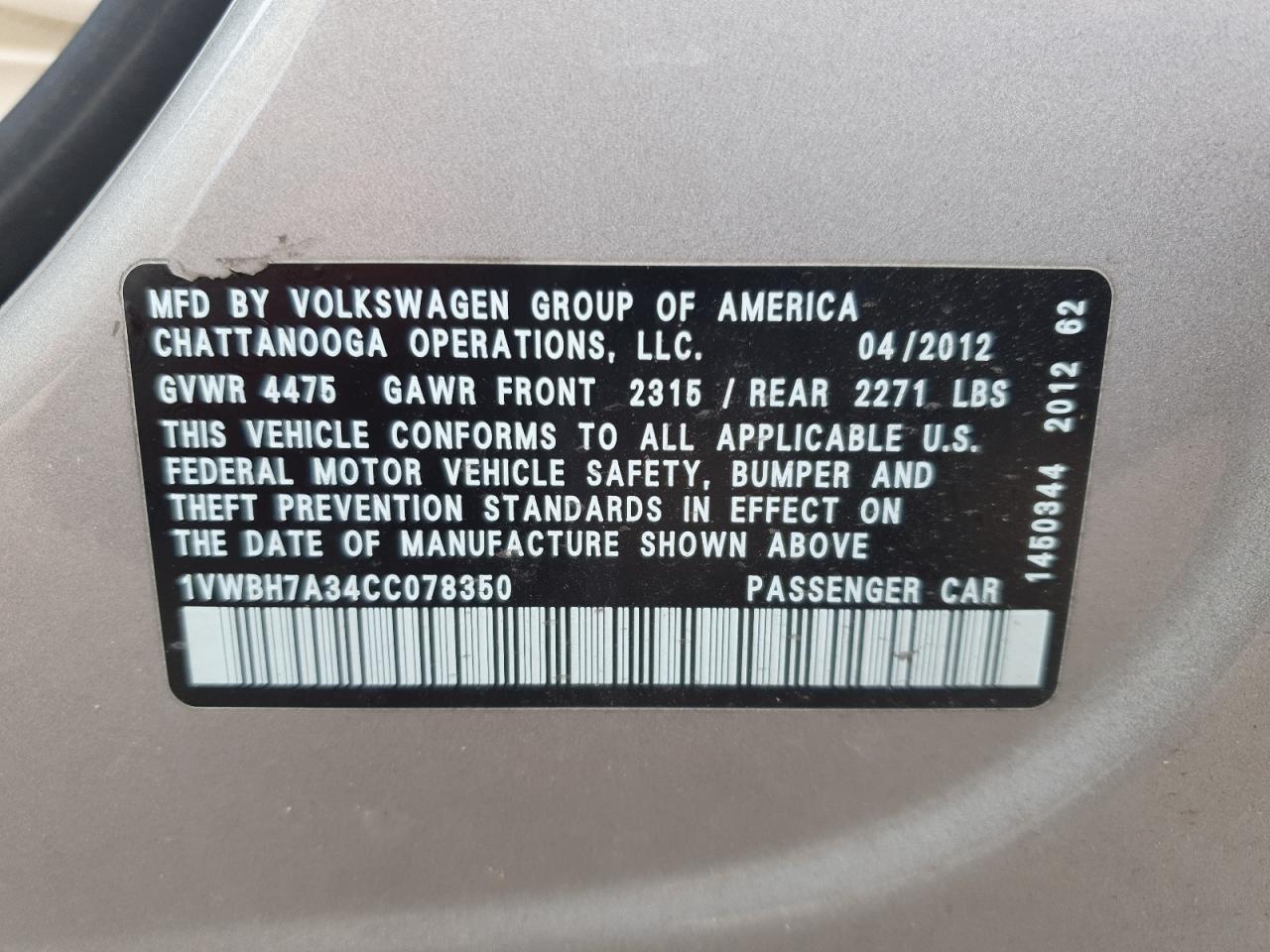 2012 Volkswagen Passat Se VIN: 1VWBH7A34CC078350 Lot: 81429565