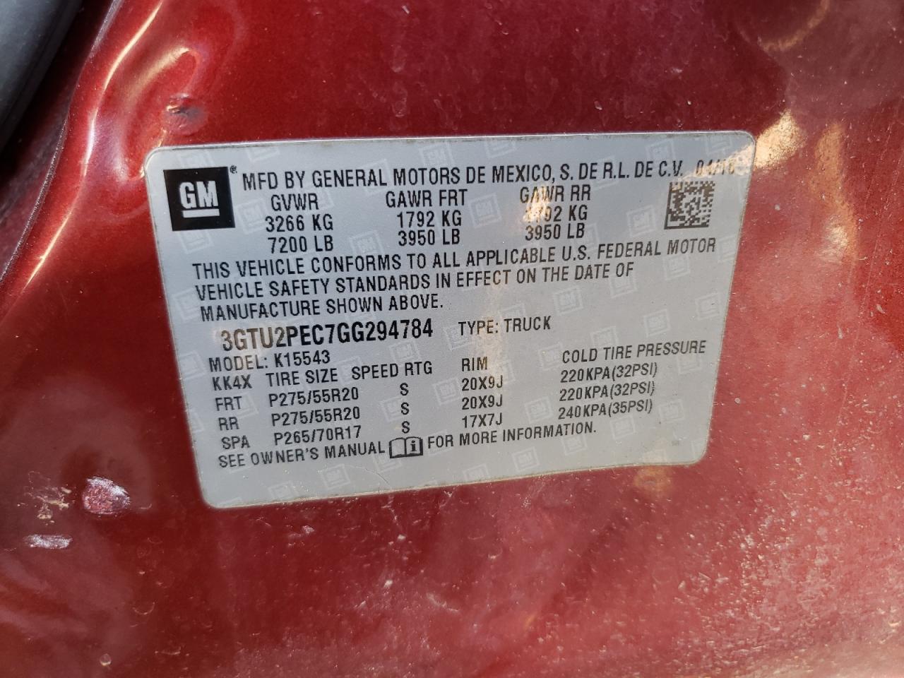 2016 GMC Sierra K1500 Denali VIN: 3GTU2PEC7GG294784 Lot: 80143295