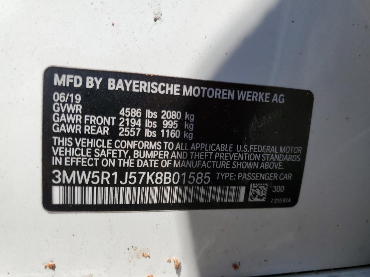 2019 BMW 330I VIN: 3MW5R1J57K8B01585 Lot: 80582415