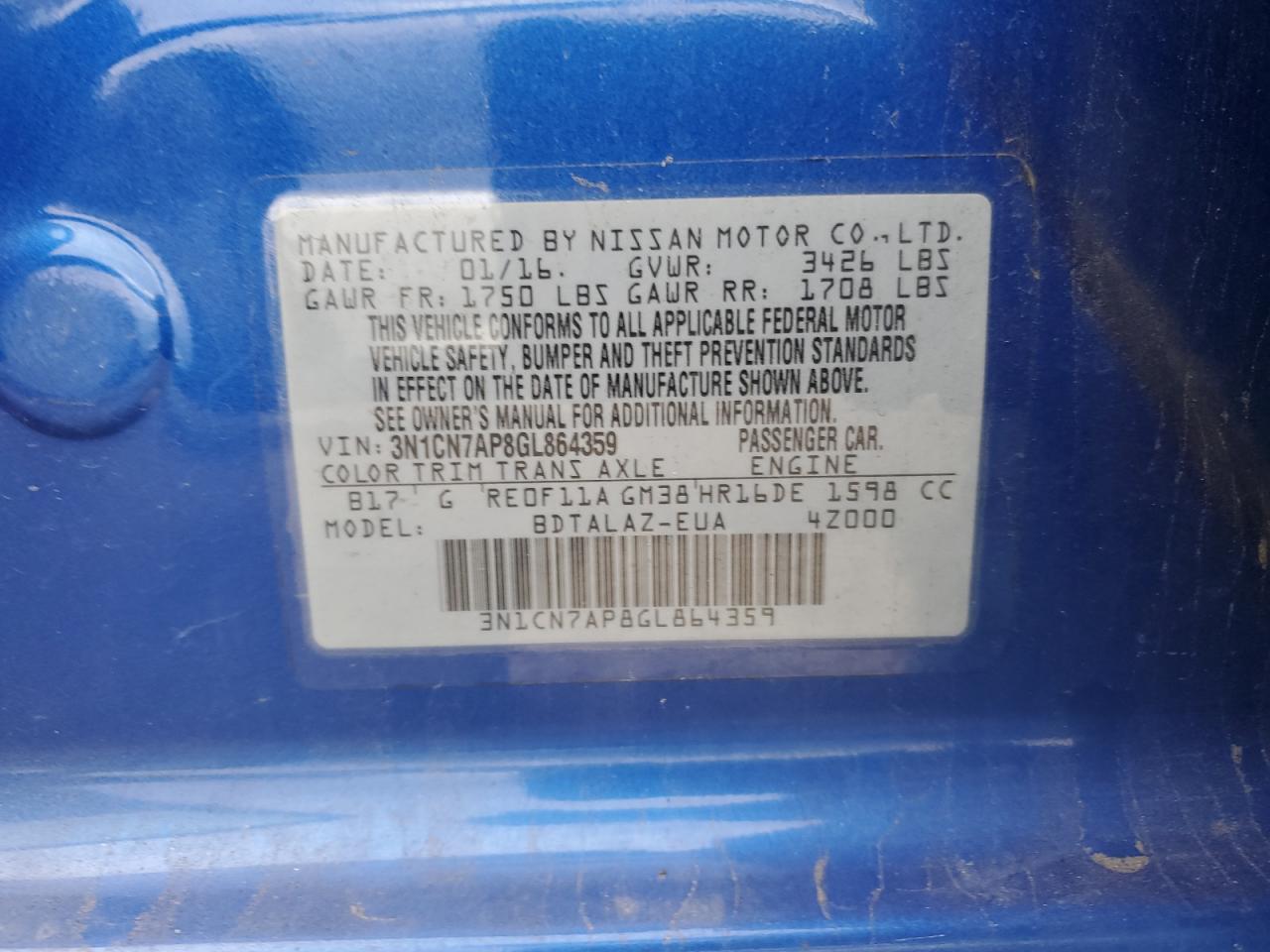 2016 Nissan Versa S VIN: 3N1CN7AP8GL864359 Lot: 83813815