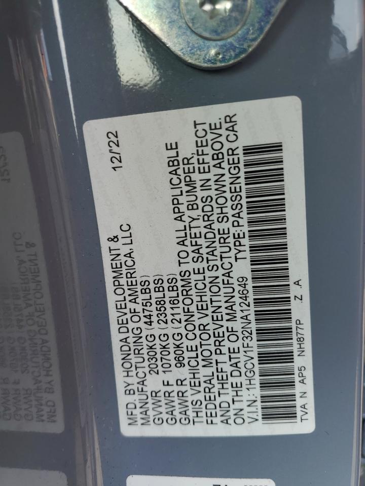 2022 Honda Accord Sport VIN: 1HGCV1F32NA124649 Lot: 83867895
