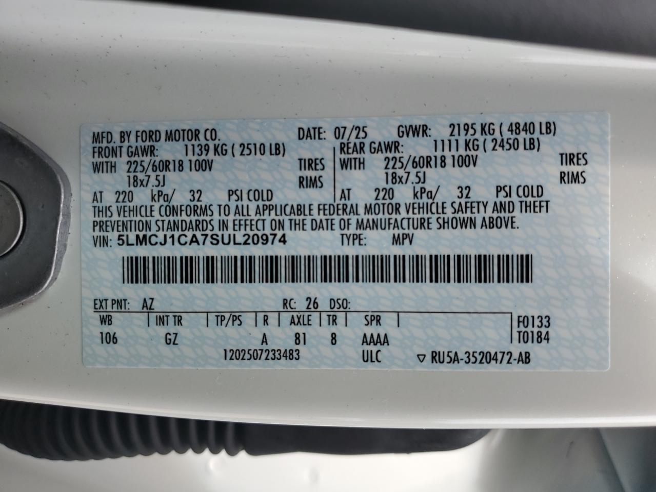 2025 Lincoln Corsair Premiere VIN: 5LMCJ1CA7SUL20974 Lot: 84264925