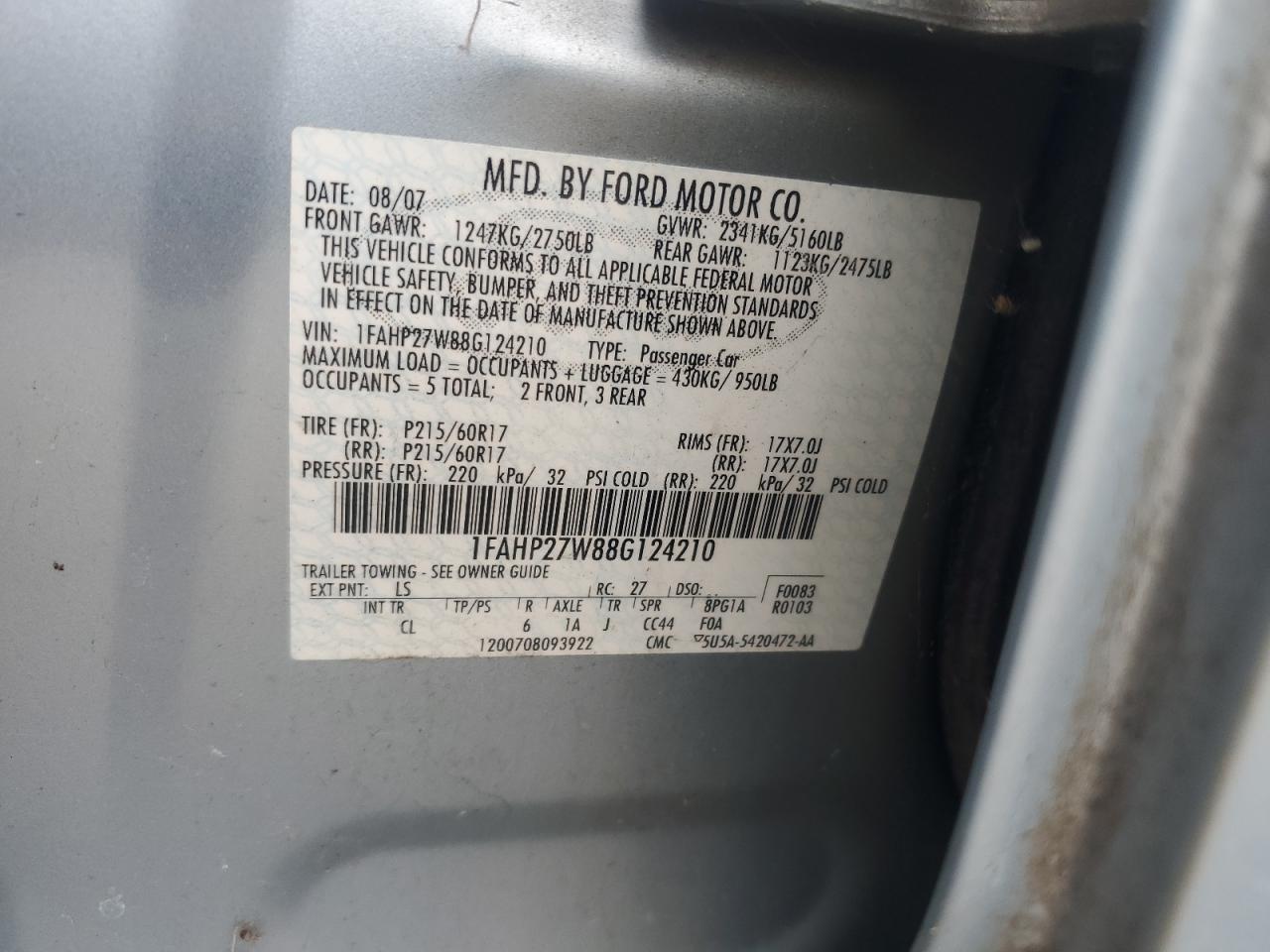 2008 Ford Taurus Sel VIN: 1FAHP27W88G124210 Lot: 63191295