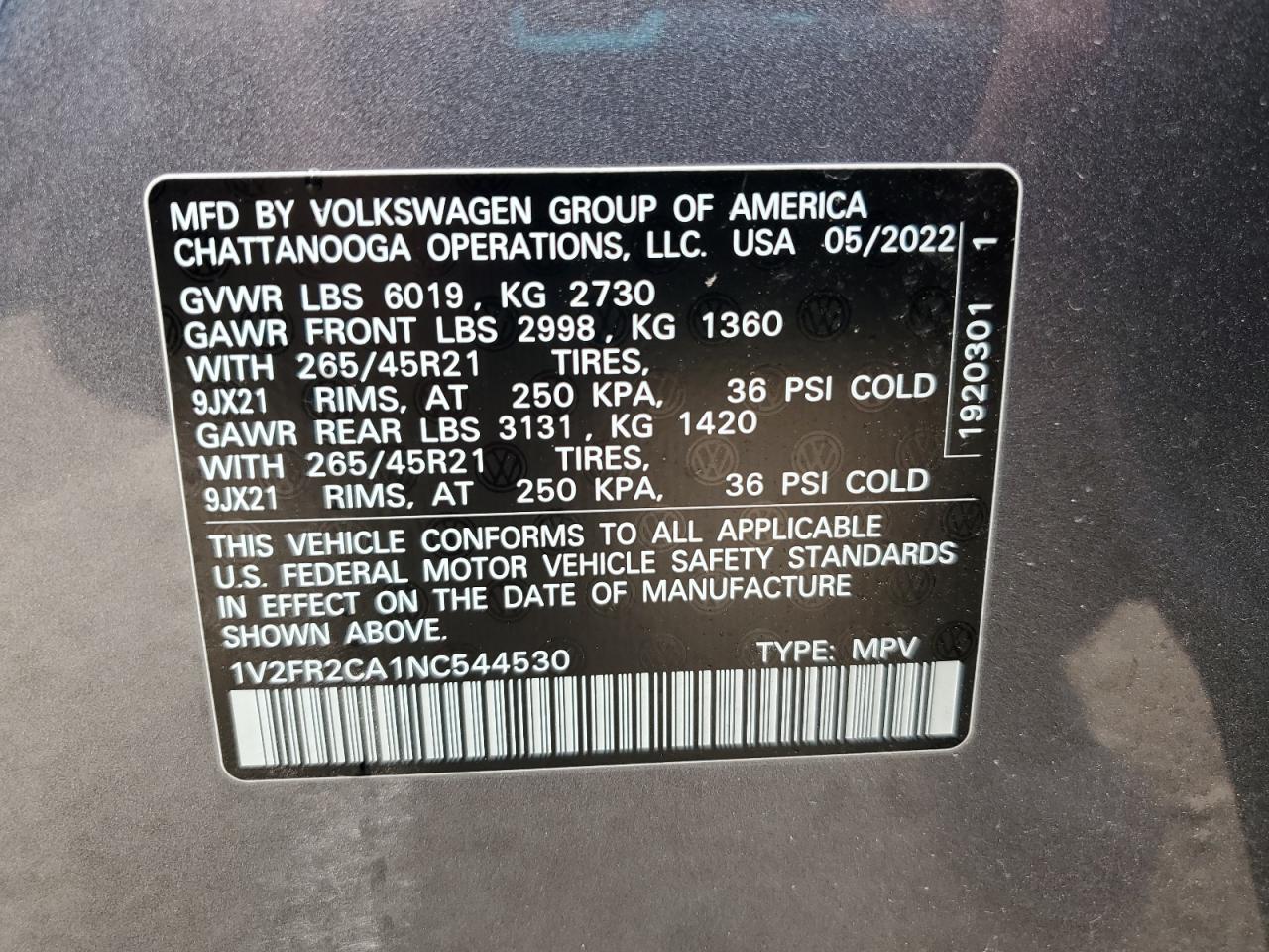 2022 Volkswagen Atlas Sel Premium R-Line VIN: 1V2FR2CA1NC544530 Lot: 71180585