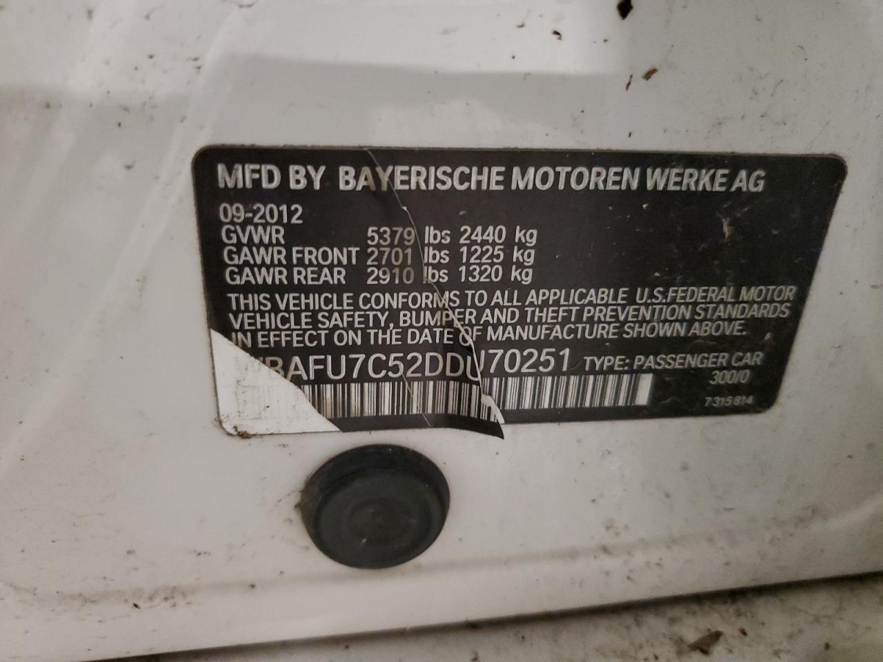 2013 BMW 535 Xi VIN: WBAFU7C52DDU70251 Lot: 80192455